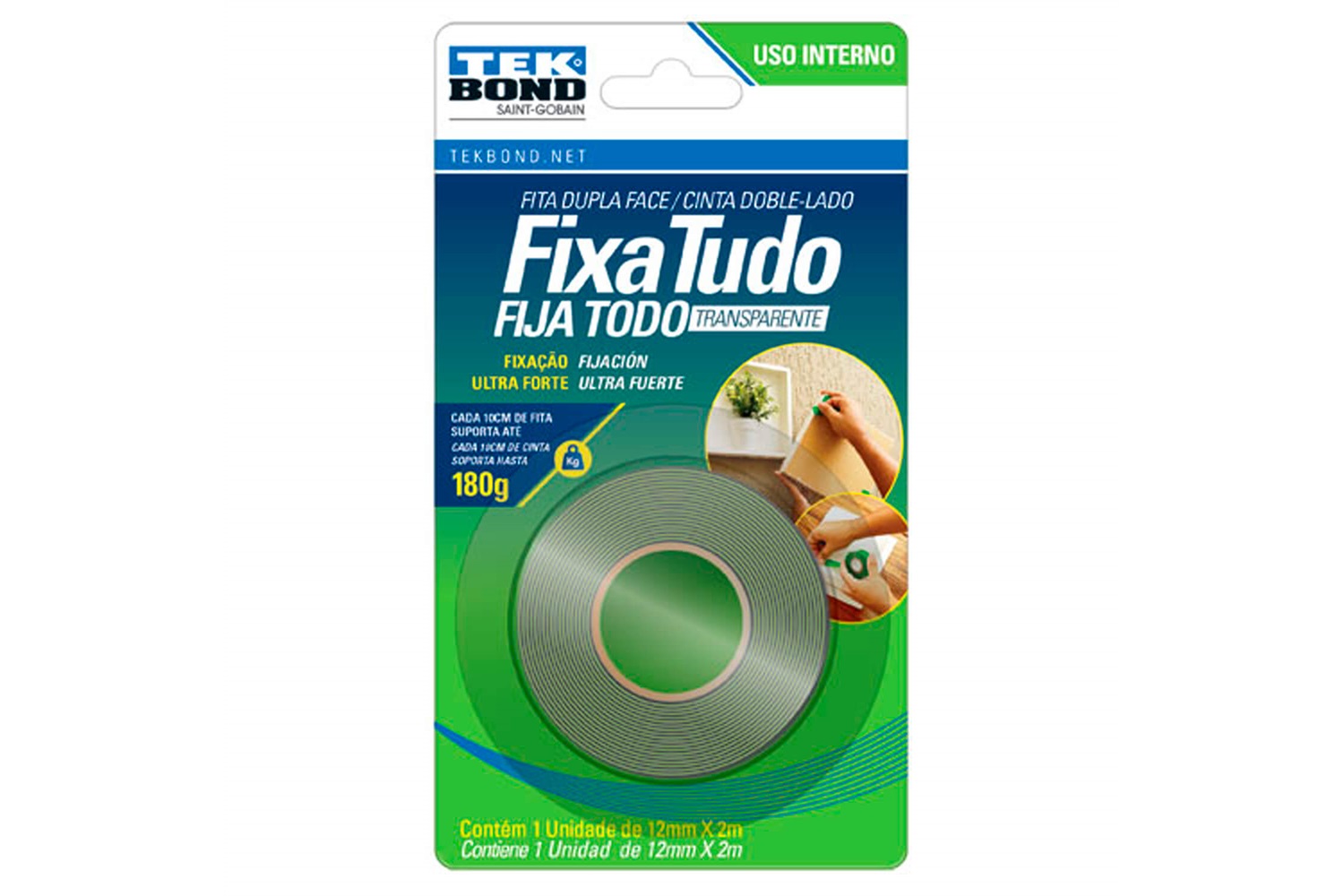 Fita Dupla Face Em Silicone Interna 12mm Com 2 Metros Tekbond Candc 3336