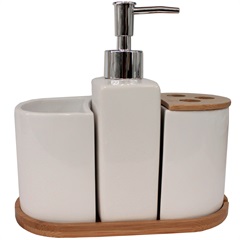 Kit de Acessórios para Banheiro em Cerâmica com 4 Peças Branco E Bambu - Casanova
