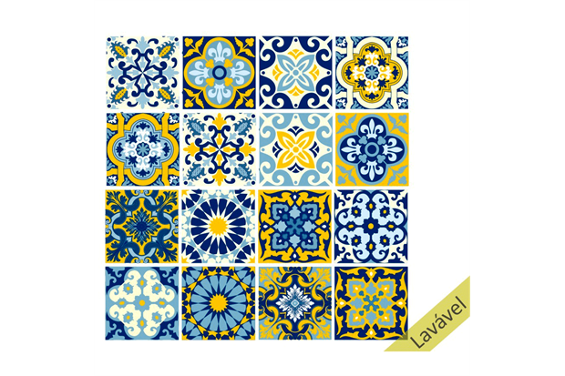 Adesivo para Azulejo Lisboa 15x15cm com 16 Peças Azul E Amarelo - Dona Cereja
