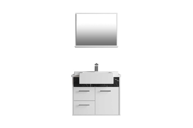 Conjunto de Gabinete para Banheiro em Mdf Gracux 58cm Branco E Marmorizado Preto