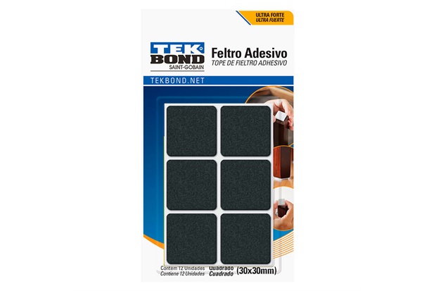 Feltro Adesivo Quadrado 30mm com 12 Unidades Preto - Tekbond