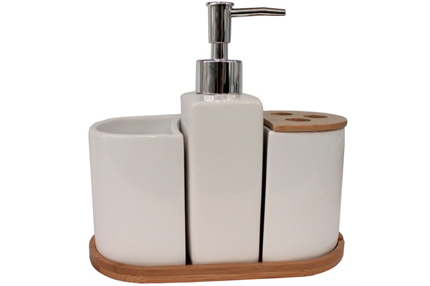 Kit de Acessórios para Banheiro em Cerâmica com 4 Peças Branco E Bambu - Casanova