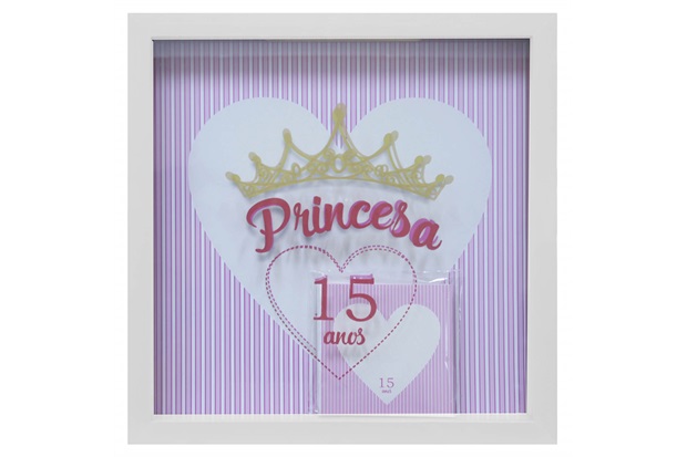 Quadro com Vidro Porta Mensagens Celebração Princesa 15 Anos 27x27cm Branco - Kapos